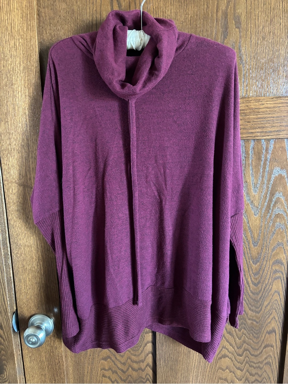 Hacci Drawstring Funnel Neck Pullover. Fuchsia. Medium